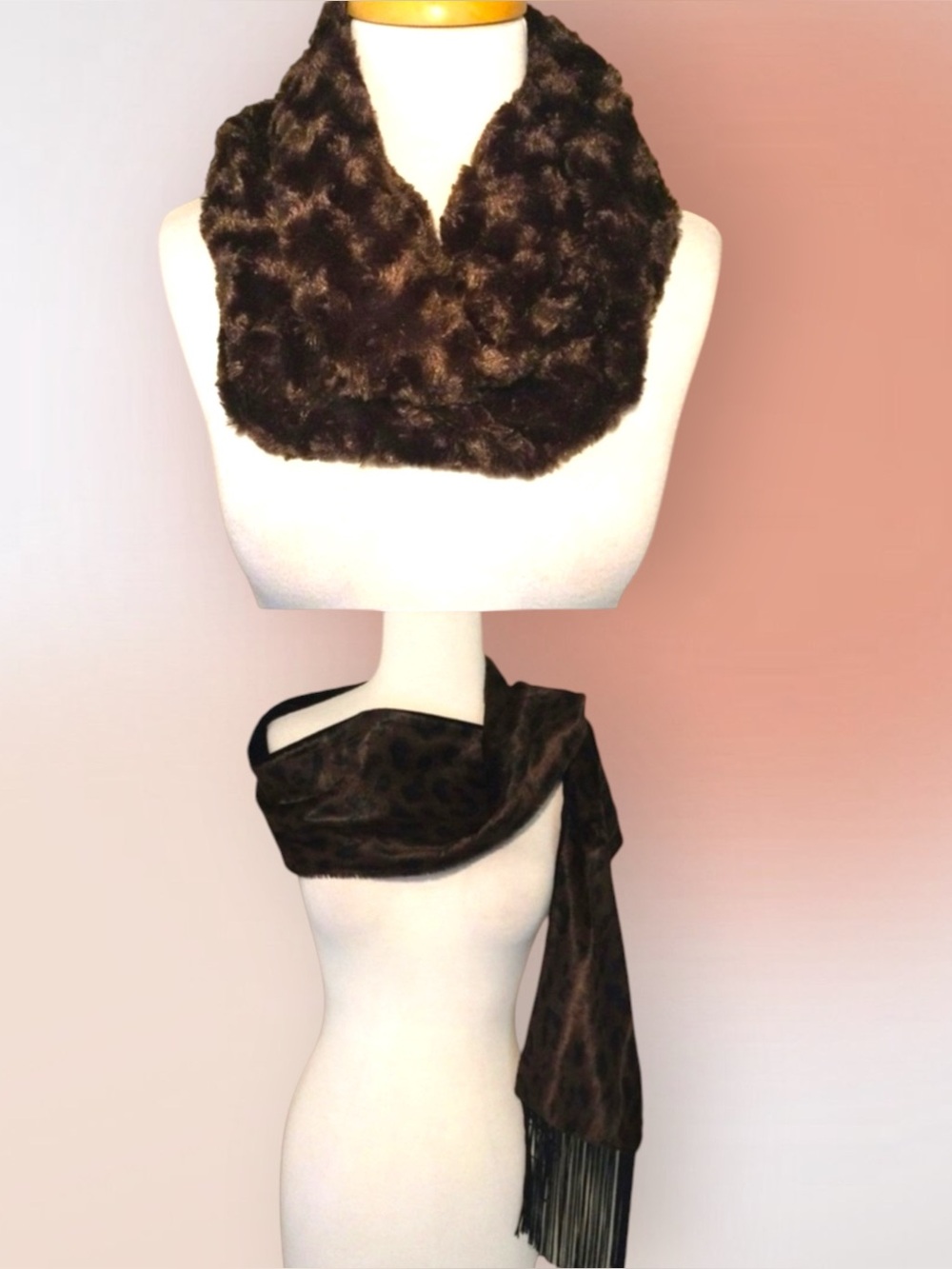 Bundle of Two Plush Chocolate Brown Faux Fur Scarves Oblong and Infinity NWOT